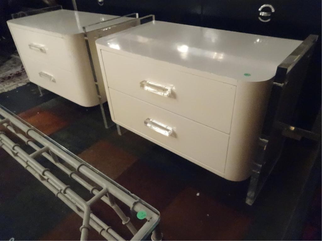 PAIR 1970's LUCITE AND LAMINATE CHESTS, VLADIMIR KAGAN: PAIR 1970's LUCITE AND LAMINATE CHESTS, VLADIMIR KAGAN STYLE, LUCITE PULLS AND SIDE PANELS, SOLID CONDITION , ONE CABINET HAS MARRED LAMINATE IN SEVERAL PLACES, EACH APPROX 28"W