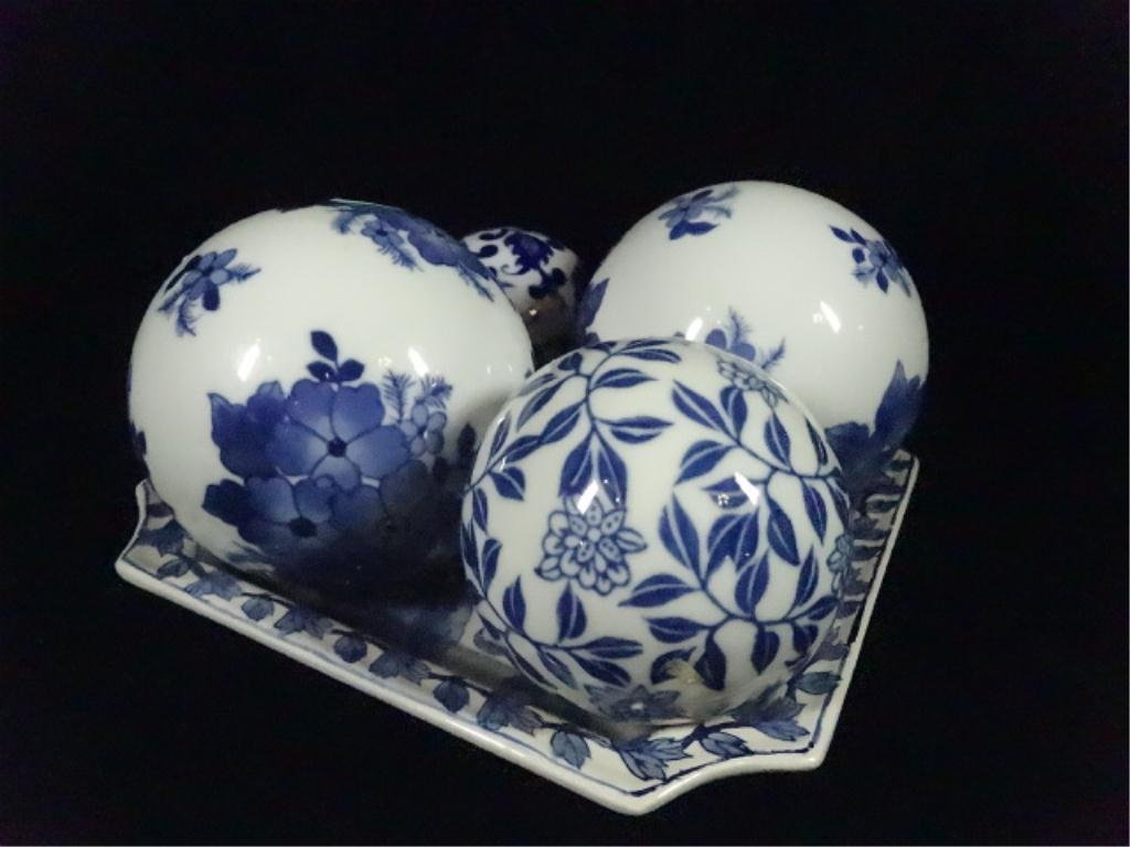 5 PC BLUE & WHITE CHINESE PORCELAIN, INCLUDES SQUARE: 5 PC BLUE & WHITE CHINESE PORCELAIN, INCLUDES SQUARE BOWL WITH 4 DECORATIVE BALLS, BOWL APPROX 7.5" X 7.5", LARGE BALL APPROX 4" DIAMETER, SKU611