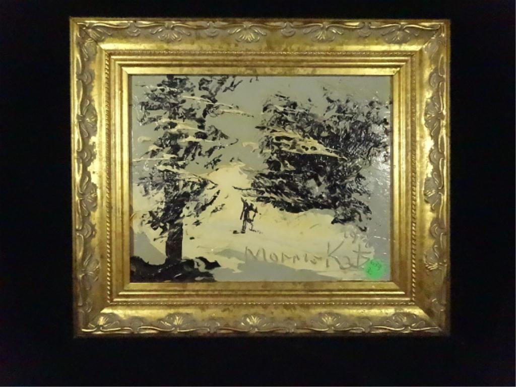 MORRIS KATZ OIL ON CANVAS PAINTING, WINTER LANDSCAPE,: MORRIS KATZ OIL ON CANVAS PAINTING, WINTER LANDSCAPE, APPROX 11.5" X 13" FRAMED, SKU633.30