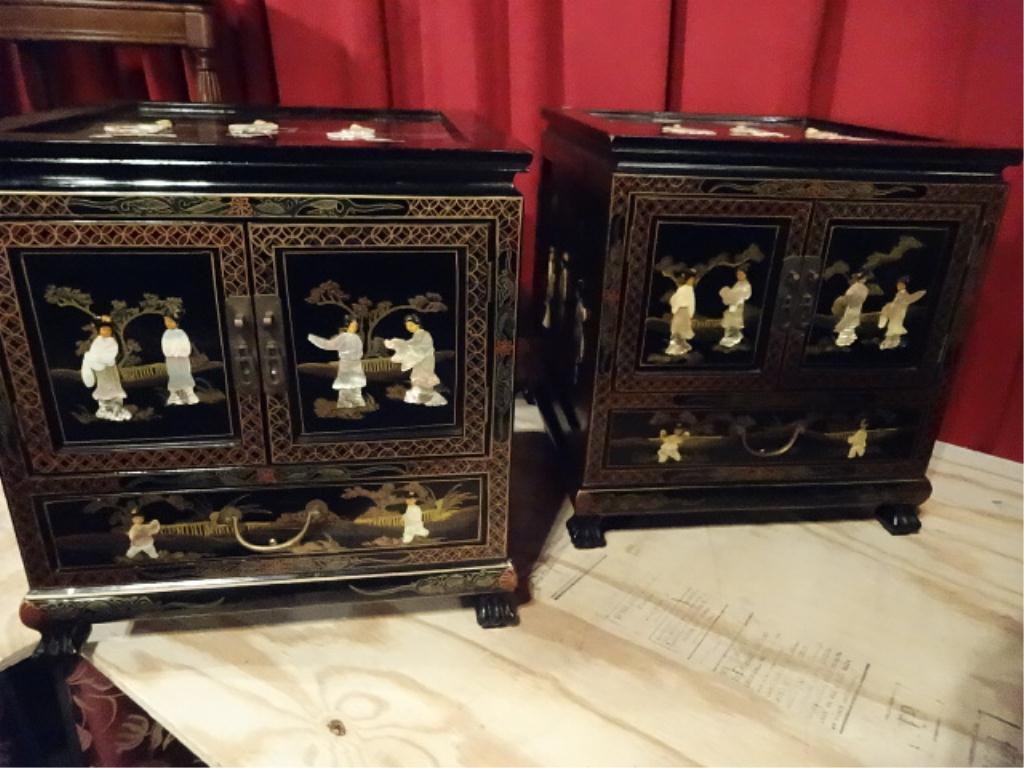 PAIR CHINESE BLACK LACQUER CHESTS, CARVED STONE FIGURE,: PAIR CHINESE BLACK LACQUER CHESTS, CARVED STONE FIGURE, PAINTED LANDSCAPES, TWO DOOR CABINET OVER SINGLE DRAWER, APPROX 25"W, SKU611