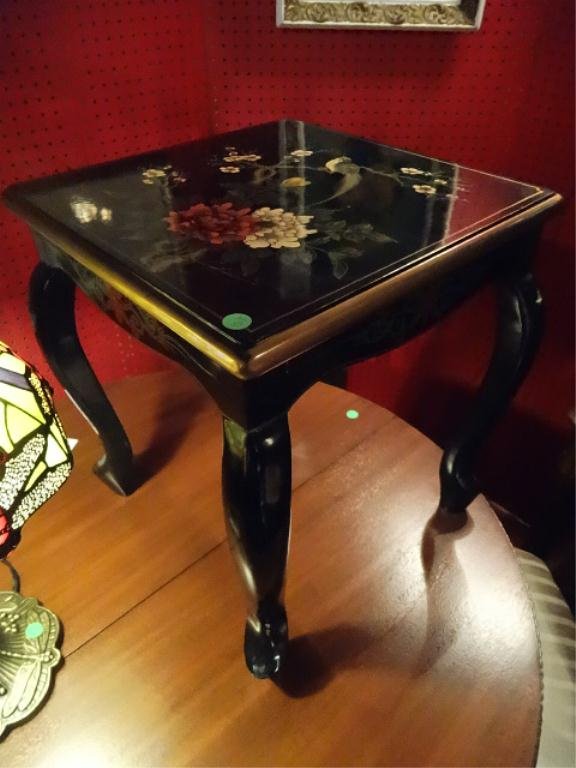 CHINESE BLACK LACQUER TABLE, PAINTED BIRDS AND FLORALS,: CHINESE BLACK LACQUER TABLE, PAINTED BIRDS AND FLORALS, APPROX 14"W, SKU611, SKU611