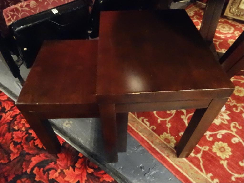 CONTEMPORARY 2 PC STACKING TABLES, DARK FINISH WOOD,: CONTEMPORARY 2 PC STACKING TABLES, DARK FINISH WOOD, LARGEST APPROX 20" X 20"