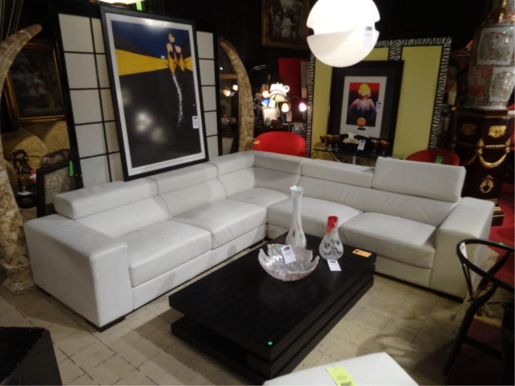 MODERN DESIGN WHITE LEATHER SECTIONAL SOFA, 3 PC WITH: MODERN DESIGN WHITE LEATHER SECTIONAL SOFA, 3 PC WITH CORNER UNIT AND TWO 2 SEATER SECTIONS, SEAT BACKS ADJUST TO HIGHER POSITION, SQUARE ARMS, MINOR SCRATCHES ON ARMS, ACCENT PILLOWS NOT INCLUDED, SK