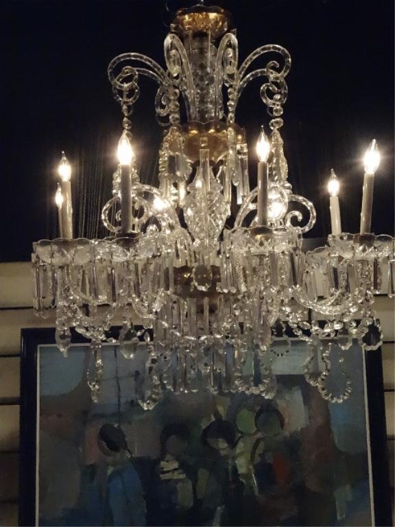 EXQUISITE AUSTRIAN CUT CRYSTAL CHANDELIER, BUTTON: EXQUISITE AUSTRIAN CUT CRYSTAL CHANDELIER, BUTTON CRYSTAL GARLANDS AND CRYSTAL PRISMS, CRYSTAL ARMS AND GOLD GILT CRYSTAL BOWLS, PURCHASED IN PARIS, APPROX 38"W