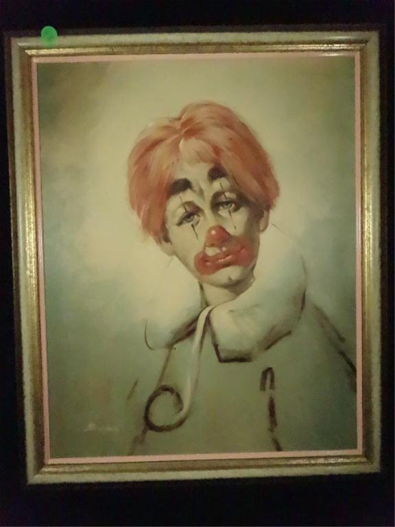 5 PC CLOWN IMAGES, INCLUDES PAINTINGS ON CANVAS BOARD: 5 PC CLOWN IMAGES, INCLUDES PAINTINGS ON CANVAS BOARD BY KENEDY & BROOKES, WATERCOLOR BY BETTY ZOE MILLER & NEEDLEPOINT