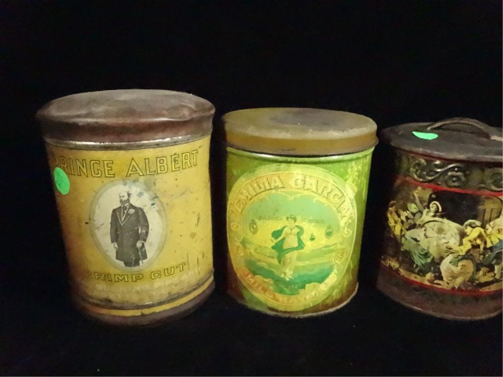 3 VINTAGE TOBACCO CANISTERS, INCLUDES PRINCE ALBERT,: 3 VINTAGE TOBACCO CANISTERS, INCLUDES PRINCE ALBERT, APPROX 6.5"H