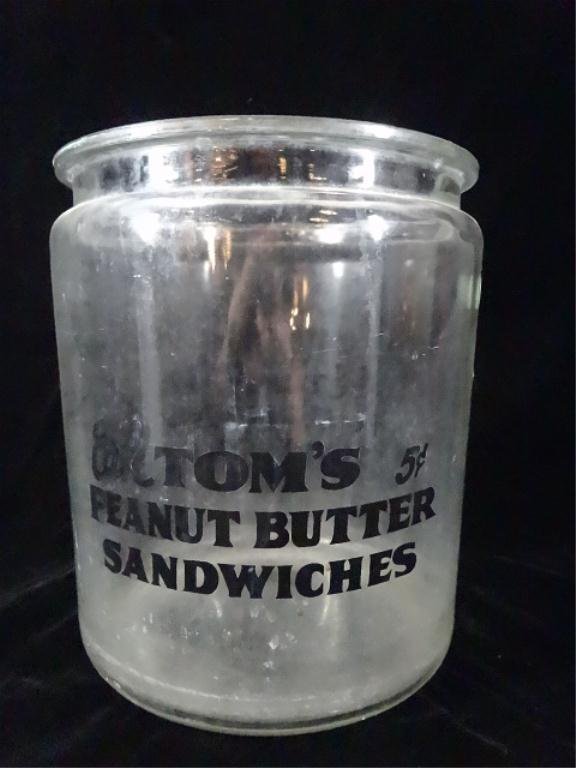 VINTAGE GLASS JAR, TOM'S PEANUT BUTTER SANDWICHES,: VINTAGE GLASS JAR, TOM'S PEANUT BUTTER SANDWICHES, APPROX 10.5"H