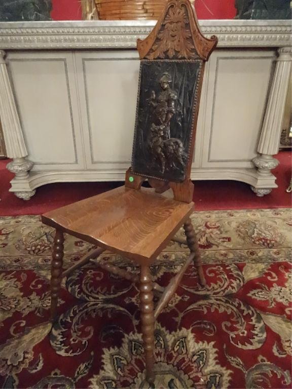 JACOBEAN STYLE CHAIR, EARLY 20TH CENTURY, EMBOSSED: JACOBEAN STYLE CHAIR, EARLY 20TH CENTURY, EMBOSSED LEATHER BACK SPLAT DEPICTING WOMAN AND DOG, CARVED CELTIC GREEN MAN FACE CREST, EXCELLENT CONDITON