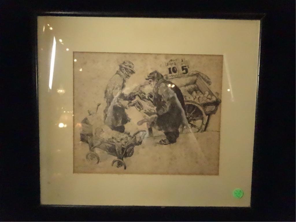 CHARLES KELLER LITHOGRAPH, "CURB EXCHANGE", CIRCA: CHARLES KELLER LITHOGRAPH, "CURB EXCHANGE", CIRCA 1937-38, FROM A LIMITED EDITION OF 10, HEAVY FOXING, VERIFIED BY CHARLES KELLER STUDIO, APPROX 15" X 16.75" FRAMED, SKU639.17