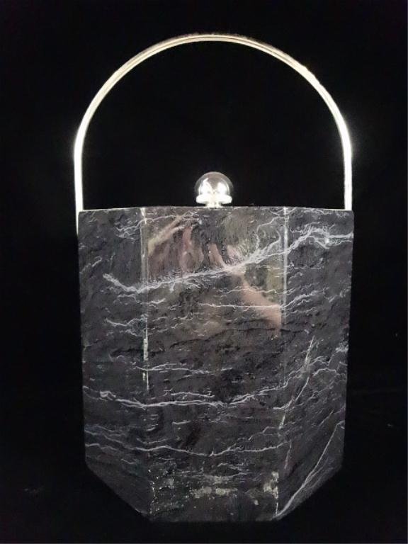 FAUX BLACK MARBLE OCTAGONAL ICE BUCKET, APPROX 13.25"H: FAUX BLACK MARBLE OCTAGONAL ICE BUCKET, APPROX 13.25"H WITH HANDLE UP
