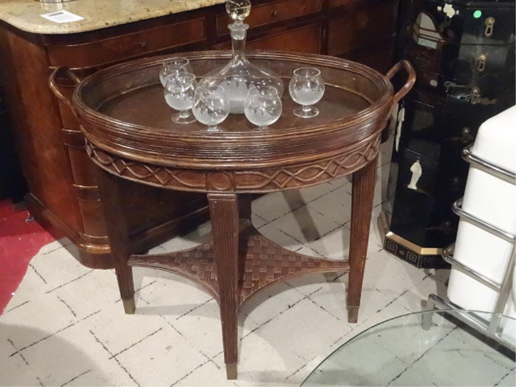 OVAL RATTAN AND WOOD TRAY TABLE, REMOVABLE TRAY, WOOD: OVAL RATTAN AND WOOD TRAY TABLE, REMOVABLE TRAY, WOOD FRAME WITH UNDERTIER, EXCELLENT CONDITON, APPROX 28"W, SKU673