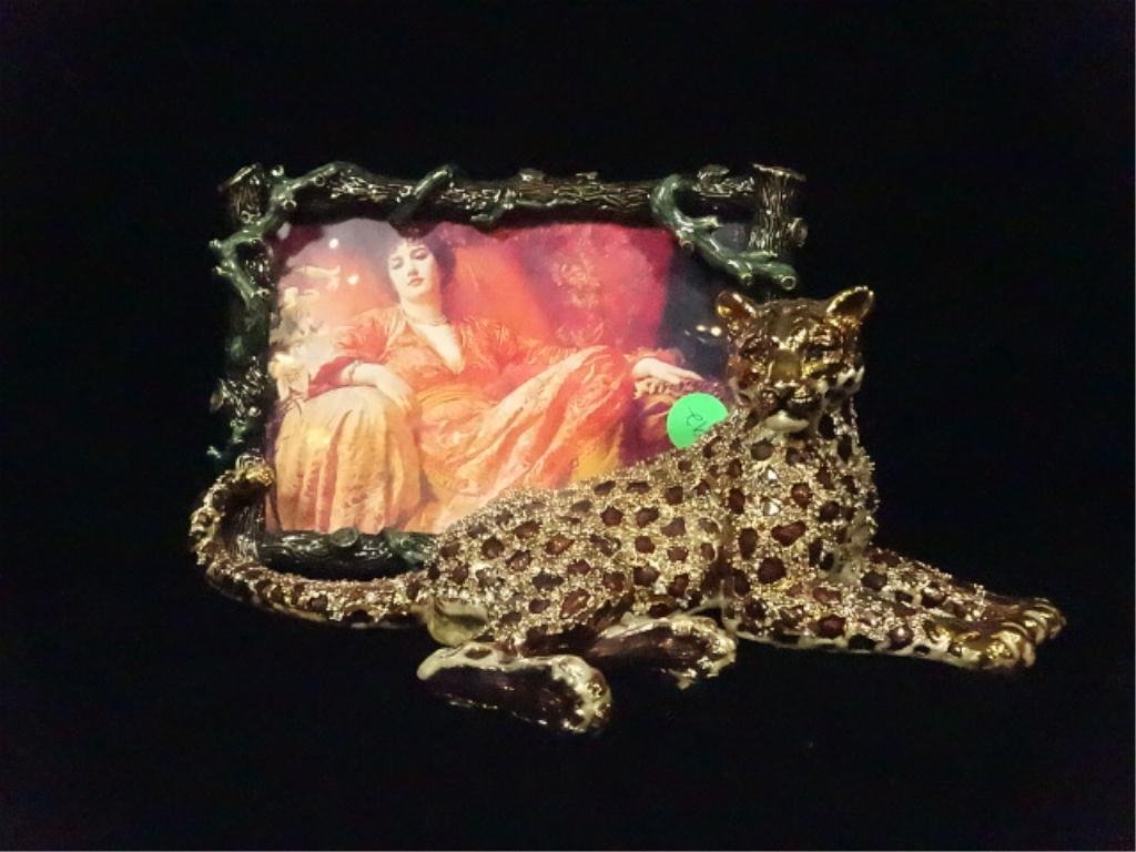 JAY STRONGWATER CHEETAH FRAME, ENAMEL WITH SWAROVSKI: JAY STRONGWATER CHEETAH FRAME, ENAMEL WITH SWAROVSKI CRYSTALS, APPROX 5" X 9", SKU692