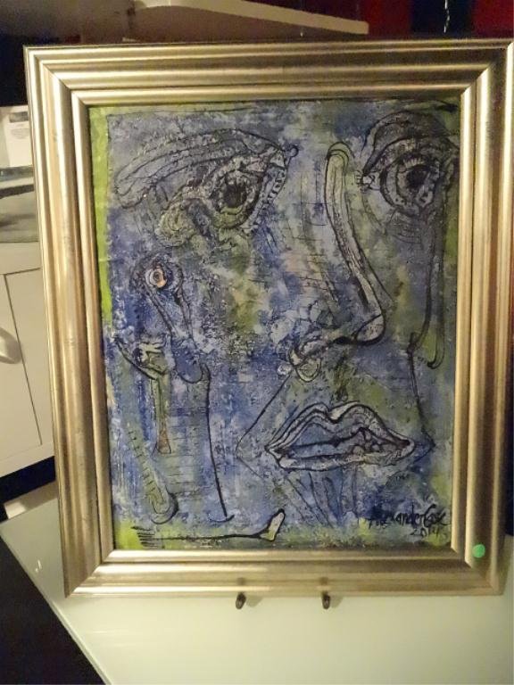 ALEXANDER GORE MIXED MEDIA PAINTING, "THE JAMP FROM A: ALEXANDER GORE MIXED MEDIA PAINTING, "THE JAMP FROM A SKY", OIL PIGMENTATION, SAND, WOODEN PULP ON MASONITE, APPROX 29.5" X 24.5" FRAMED, SKU682