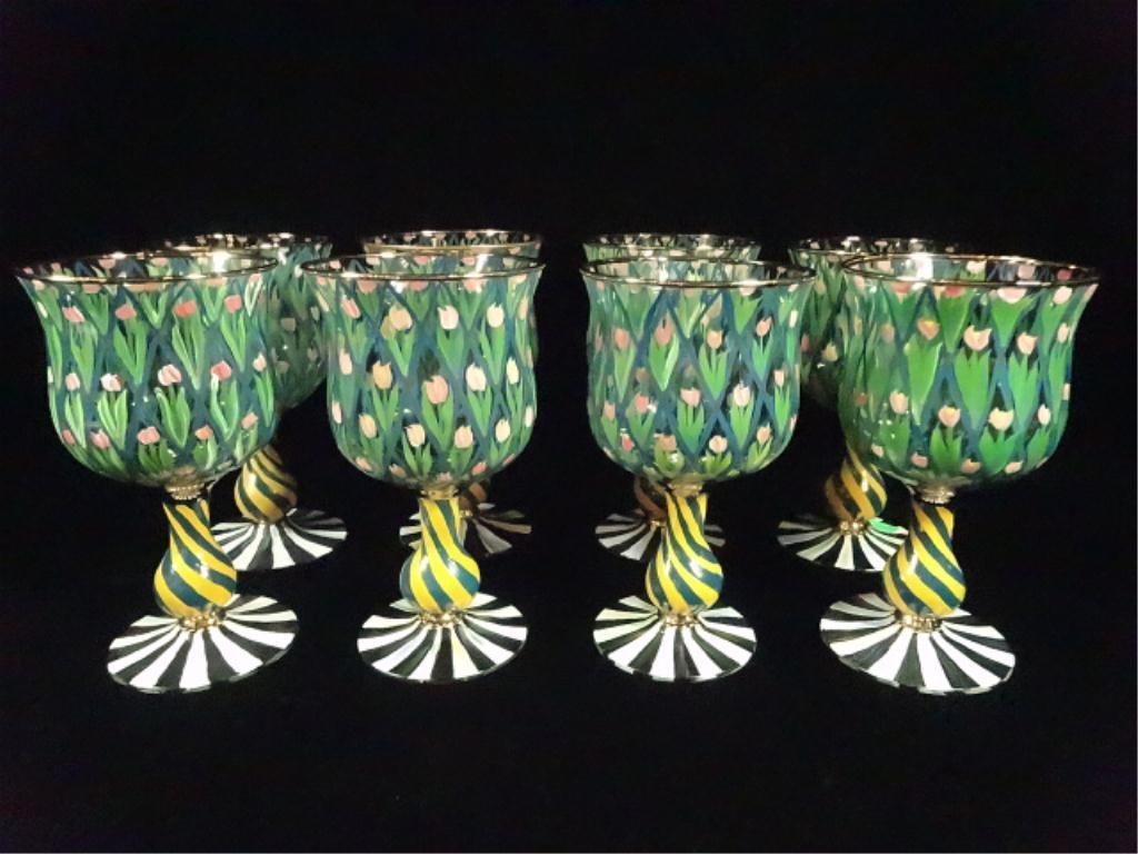 8 MACKENZIE CHILDS HANDPAINTED GOBLETS, TULIP DESIGN,: 8 MACKENZIE CHILDS HANDPAINTED GOBLETS, TULIP DESIGN, DATED 1983, APPROX 7"H, SKU692