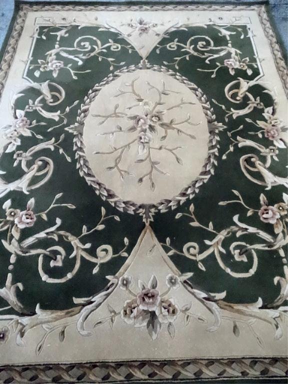 LARGE NOURISON WOOL RUG, AUBUSSON STYLE, SAGE GREEN AND: LARGE NOURISON WOOL RUG, AUBUSSON STYLE, SAGE GREEN AND IVORY WITH FLORALS AND GOLD ACCENTS, LABELED NOURISON, EXCELLENT GENTLY USED CONDITION, NO APPARENT STAINS OR SIGNS OF WEAR, 7'3" X 9'3", SKU615