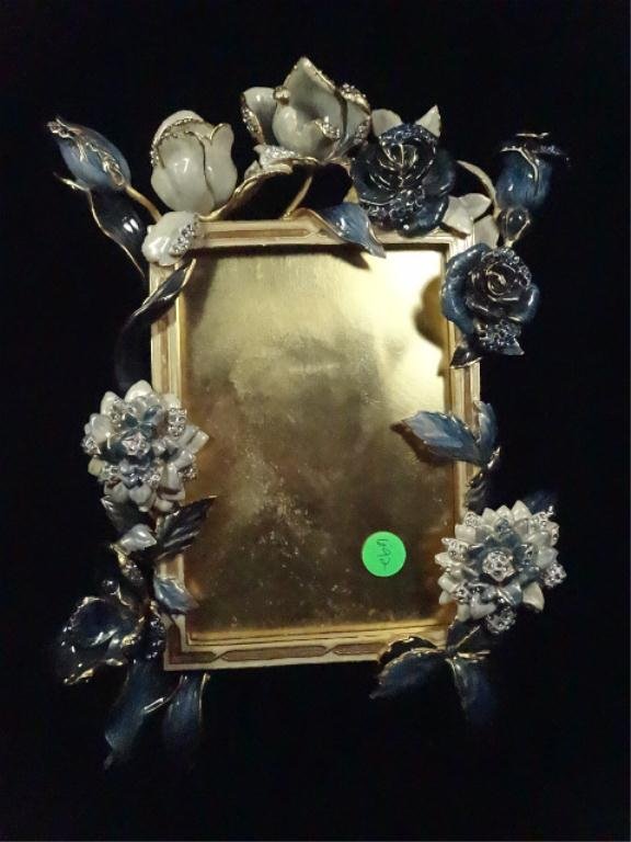 JAY STRONGWATER FRAME, BLUE & WHITE FLOWERS, ENAMEL: JAY STRONGWATER FRAME, BLUE & WHITE FLOWERS, ENAMEL WITH SWAROVSKI CRYSTALS, APPROX 12" X 8.5", SKU692