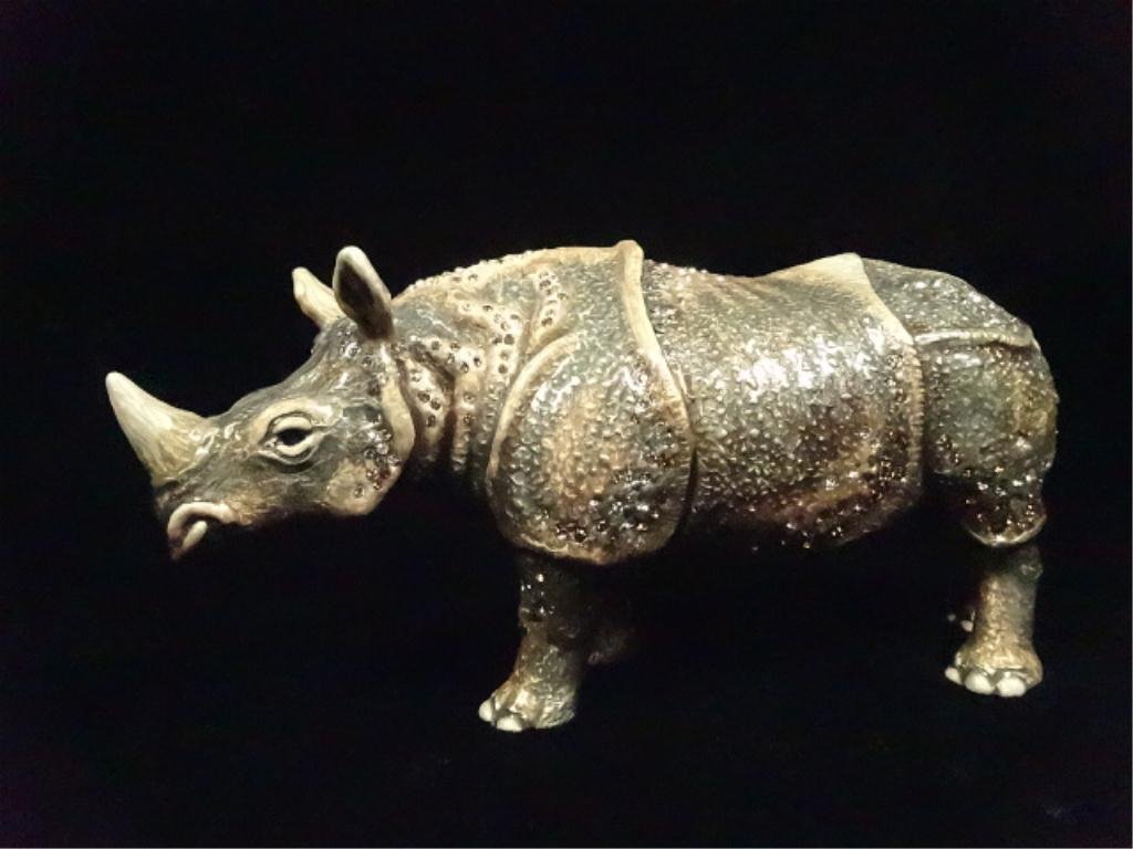 JAY STRONGWATER RHINOCEROS FIGURINE, ENAMEL WITH: JAY STRONGWATER RHINOCEROS FIGURINE, ENAMEL WITH SWAROVSKI CRYSTALS, APPROX 3.25" X 6.5", SKU692