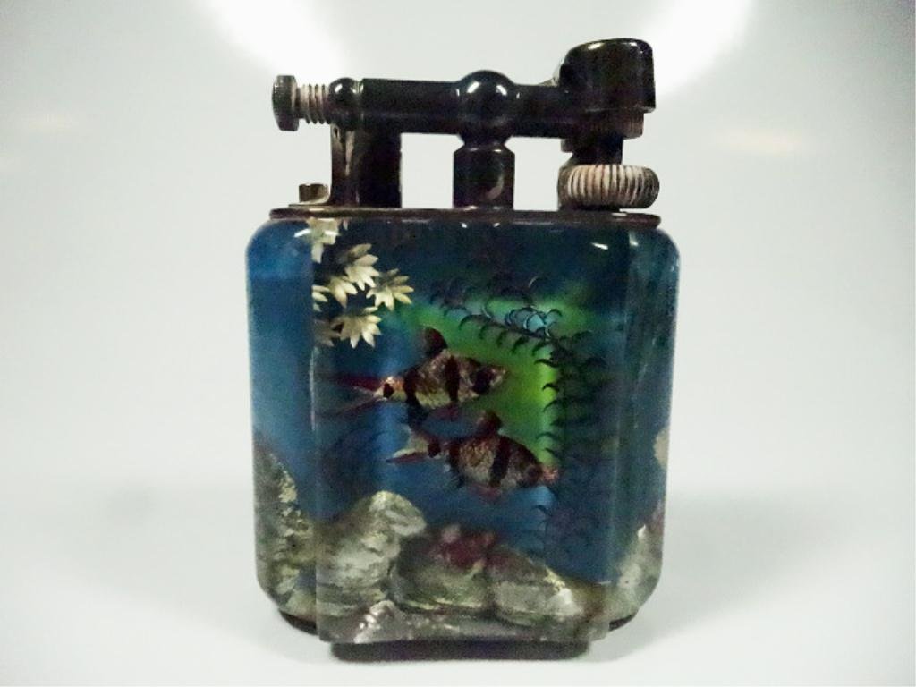 RARE DUNHILL SERVICE SIZE LIGHTER, AQUARIUM DESIGN,: RARE DUNHILL SERVICE SIZE LIGHTER, AQUARIUM DESIGN, CIRCA 1950'S BY BEN SHILLINGFORD FOR DUNHILL, REVERSE CARVED PERSPEX PANELS, INTAGLIO PAINTED, APPROX 2.75" X 2.25", SKU9667.05