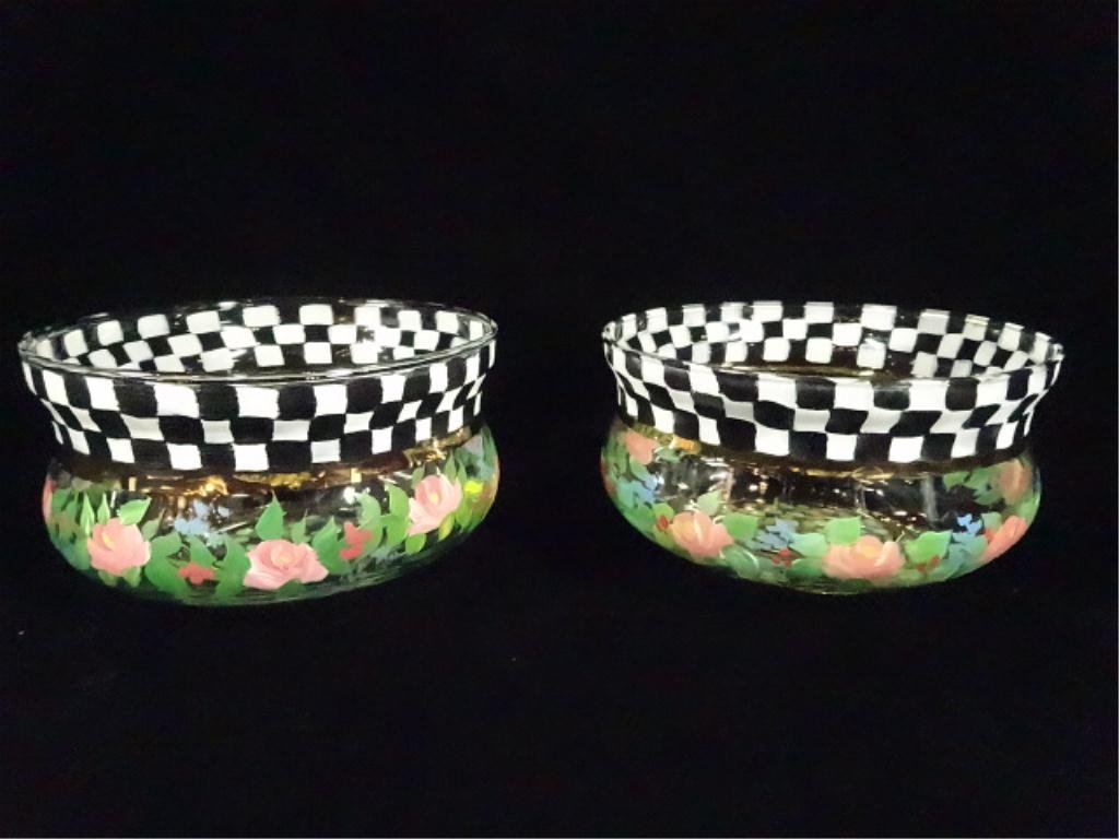 2 MACKENZIE CHILDS HANDPAINTED BOWLS, BLACK: 2 MACKENZIE CHILDS HANDPAINTED BOWLS, BLACK CHECKERBOARD DESIGN, APPROX 2.5" X 4.25", SKU692