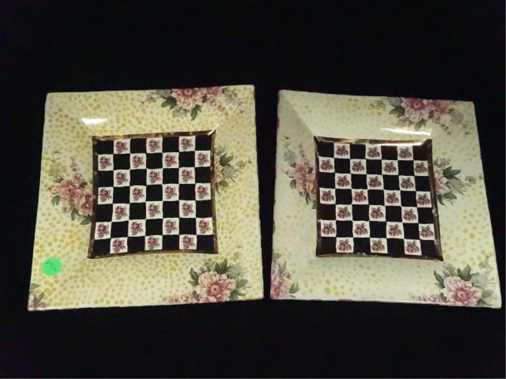 2 MACKENZIE CHILDS HANDPAINTED SQUARE POTTERY PLATES,: 2 MACKENZIE CHILDS HANDPAINTED SQUARE POTTERY PLATES, FLORAL DESIGN, DATED 1983, APPROX 9.25" SQUARE, SKU692