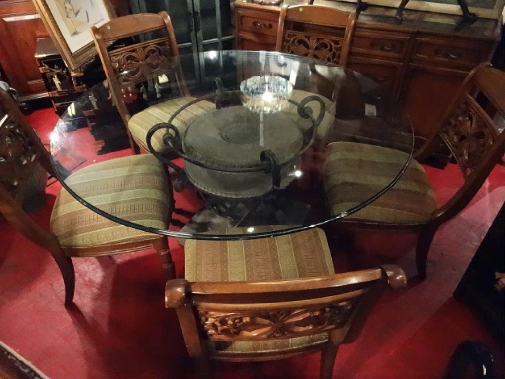 STONE AND METAL DINING TABLE, 5 BERNHARDT CHAIRS, ROUND: STONE AND METAL DINING TABLE, 5 BERNHARDT CHAIRS, ROUND GLASS TOP, VERY GOOD GENTLY USED CONDITION, SOME SPOTTING ON 2 CHAIRS, CHAIRS LABELED BERNHARDT. APPROX 62"DIAMETER, SKU657.02