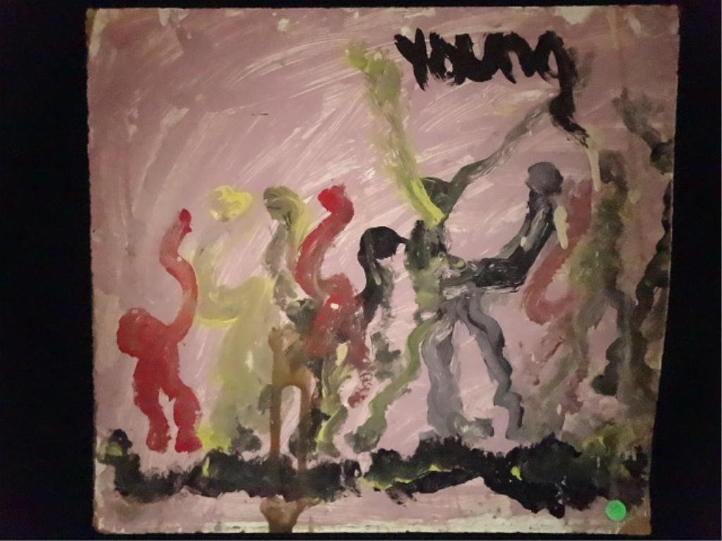 PURVIS YOUNG PAINTING ON BOARD, DANCING FIGURES, SIGNED: PURVIS YOUNG PAINTING ON BOARD, DANCING FIGURES, SIGNED UPPER RIGHT, APPROX 19.75" X 21.25" UNFRAMED