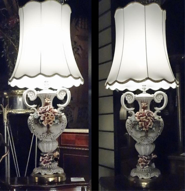 PAIR LARGE CAPODIMONTE STYLE PORCELAIN LAMPS, URN FORM: PAIR LARGE CAPODIMONTE STYLE PORCELAIN LAMPS, URN FORM BASES WITH DUAL HANDLES, LARGE FLORALS, EXCELLENT CONDITION, NO DISCERNABLE CHIPS OR REPAIRS NOTICED, APPROX 35"H