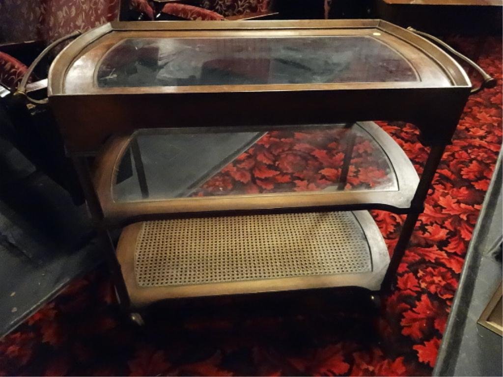 MID CENTURY SERVING/BAR CART, 3 TIERS, GLASS AND RATTAN: MID CENTURY SERVING/BAR CART, 3 TIERS, GLASS AND RATTAN PANELS, APPROX 3'W