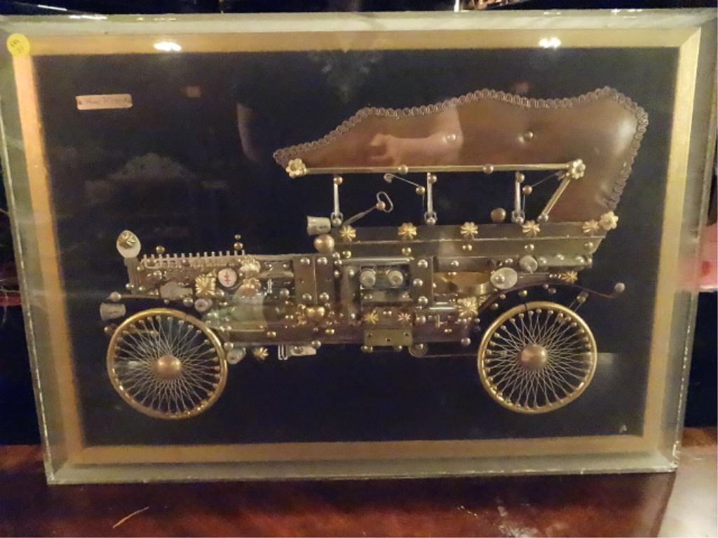 FRAMED MODEL T 1908 FORD, CREATED FROM THIMBLES, SAFETY: FRAMED MODEL T 1908 FORD, CREATED FROM THIMBLES, SAFETY PINS & OTHER OBJECTS, LABELED YOBEL, APPROX 17.5" X 25.5" FRAMED