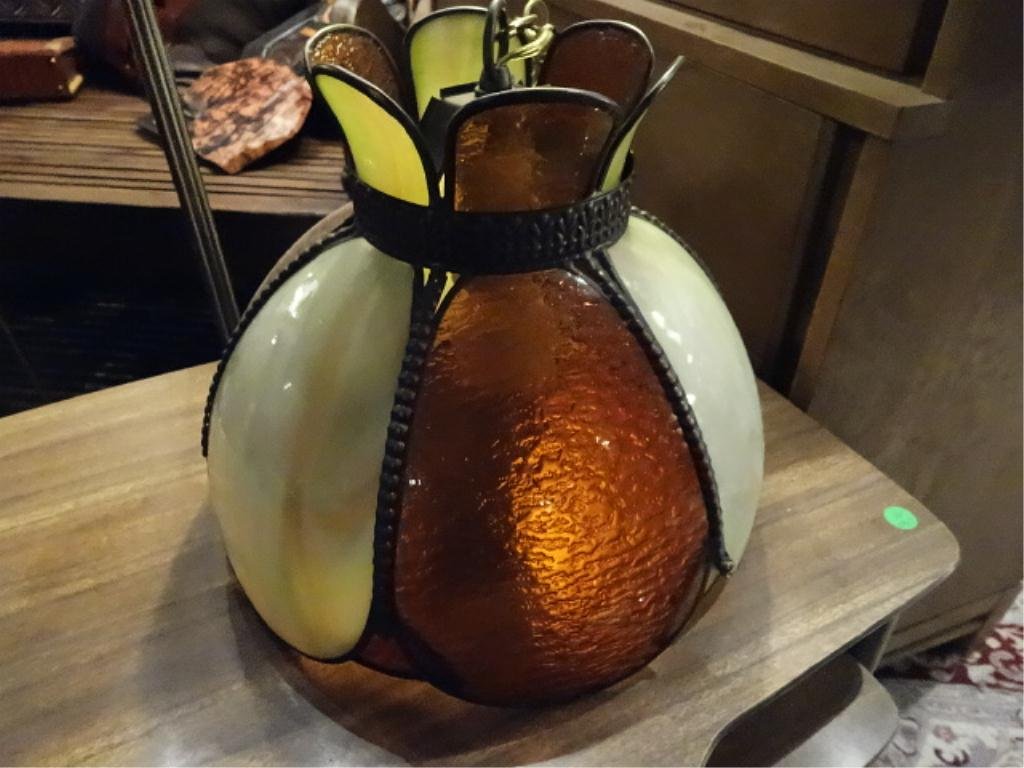 MID CENTURY STAINED GLASS PENDANT LAMP, AMBER COLOR: MID CENTURY STAINED GLASS PENDANT LAMP, AMBER COLOR GLASS, APPROX 18"DIAMETER