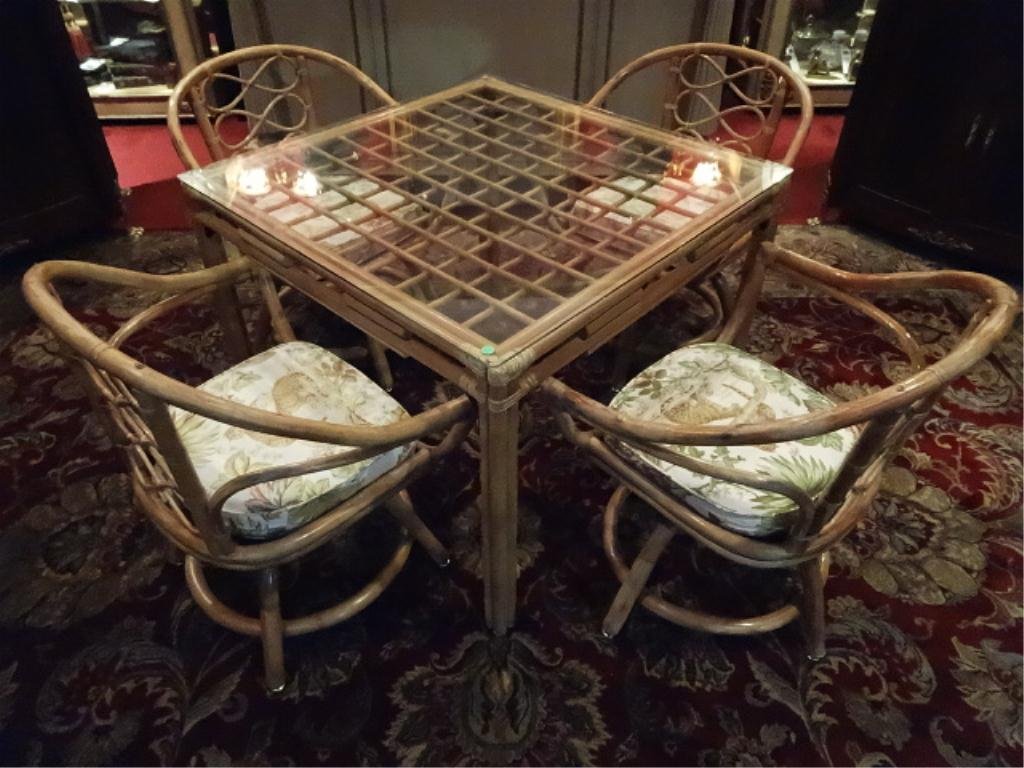 5 PC RATTAN TABLE AND SWIVEL ARMCHAIRS, GLASS TOP,: 5 PC RATTAN TABLE AND SWIVEL ARMCHAIRS, GLASS TOP, SAFARI UPHOLSTERED SEAT CUSHIONS, VERY GOOD CONDITION, SKU670.01