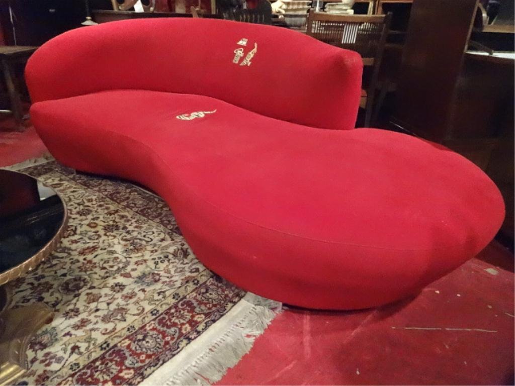 VLADIMIR KAGAN STYLE SOFA, ASYMETRICAL BACK AND SEAT,: VLADIMIR KAGAN STYLE SOFA, ASYMETRICAL BACK AND SEAT, CHROME FEET, OVERALL VERY GOOD CONDITION WITH WEAR TO UPHOLSTERY ON ARM AS SHOWN AND ADDED APPLIQUES