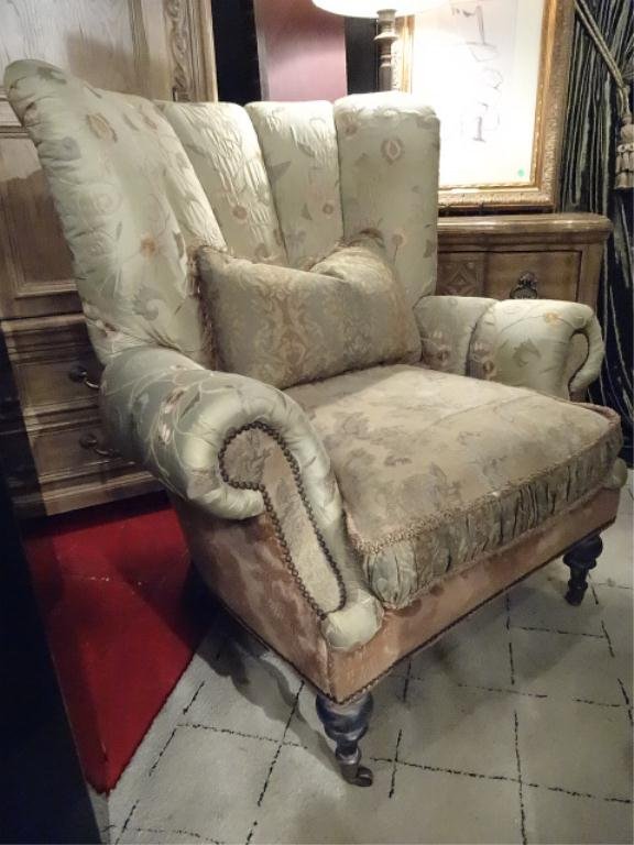 CAROL HICKS BOLTON AND EJ VICTOR ARMCHAIR, CHANNEL BACK: CAROL HICKS BOLTON AND EJ VICTOR ARMCHAIR, CHANNEL BACK IN EMBROIDERED SILK, NAILHEAD TRIM, ON CASTERS, LABELED, VERY GOOD CONDITION, SKU669