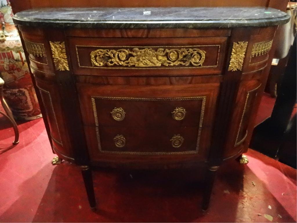 FRENCH EMPIRE STYLE BOW FRONT CABINET, GILT BRONZE: FRENCH EMPIRE STYLE BOW FRONT CABINET, GILT BRONZE MOUNTS, 3 DRAWERS, BEVELED GREEN MARBLE ROP, APPROX 4'W, SKU691.13