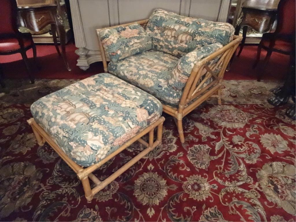 MCGUIRE RATTAN LOUNGE CHAIR AND OTTOMAN, SAFARI PRINT: MCGUIRE RATTAN LOUNGE CHAIR AND OTTOMAN, SAFARI PRINT UPHOLSTERY, EXCELLENT CONDITION, SKU5684.80