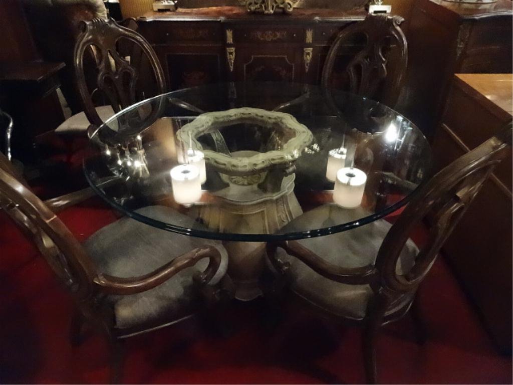 THOMASVILLE DINING TABLE, STONE URN STYLE BASE WITH 4: THOMASVILLE DINING TABLE, STONE URN STYLE BASE WITH 4 ARMCHAIRS WITH OVAL BACKS AND LEATHER SEATS, GLASS TOP, VERY GOOD CONDITION, SOME LIGHT SURFACE SCRATCHES ON CHAIRS