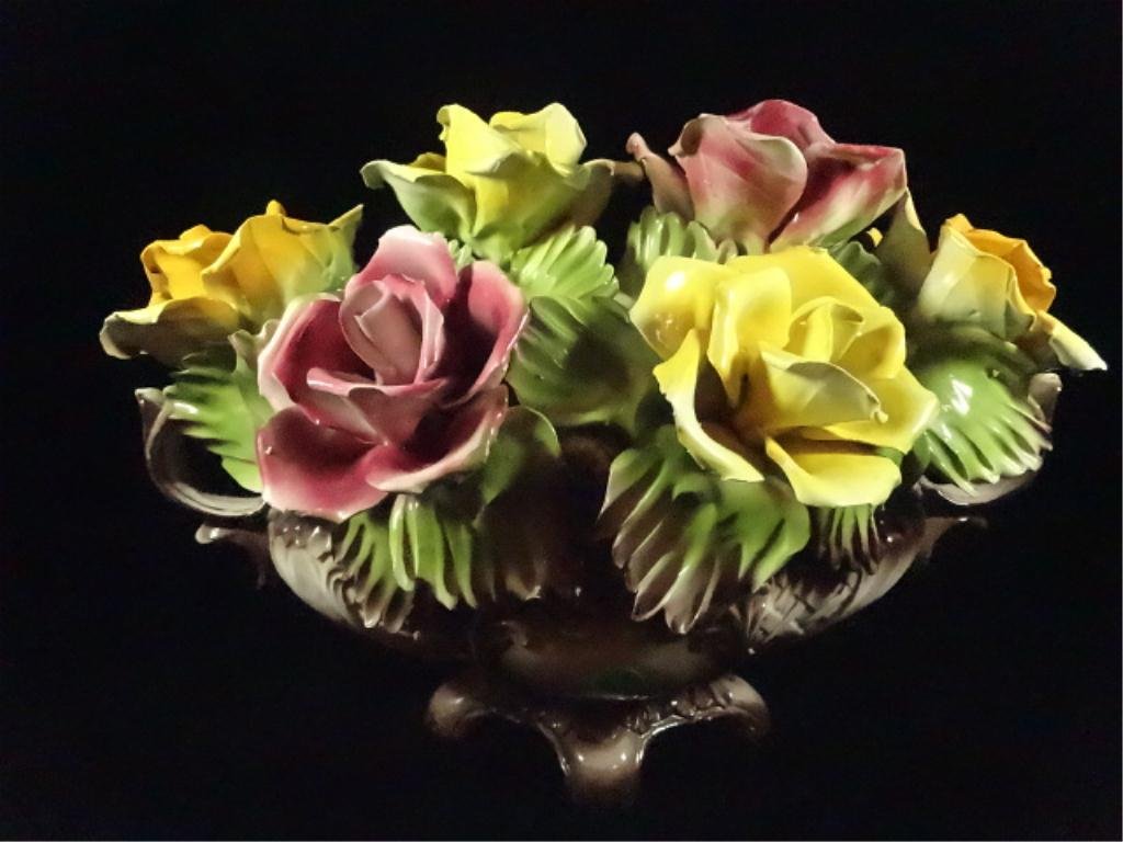 LARGE CAPODIMONTE BOWL OF ROSES, MARKED CAPODIMONTE,: LARGE CAPODIMONTE BOWL OF ROSES, MARKED CAPODIMONTE, MADE IN ITALY, APPROX 11.5" X 17", SKU704.05