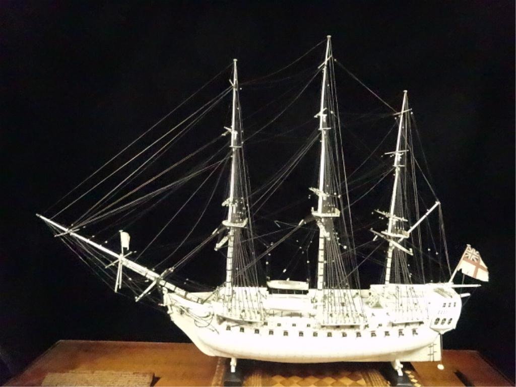 EARLY 19TH CENTURY NAPOLEONIC FRENCH PRISONER-OF-WAR: EARLY 19TH CENTURY NAPOLEONIC FRENCH PRISONER-OF-WAR BONE MODEL OF THE 74-GUN FRIGATE MARS, AN AB74 GUN SHIP, GEORGE III PERIOD, BY FRENCH NAPOLEONIC PRISONERS IN BRITAIN, WITH PLANKED AND PINNED HULL