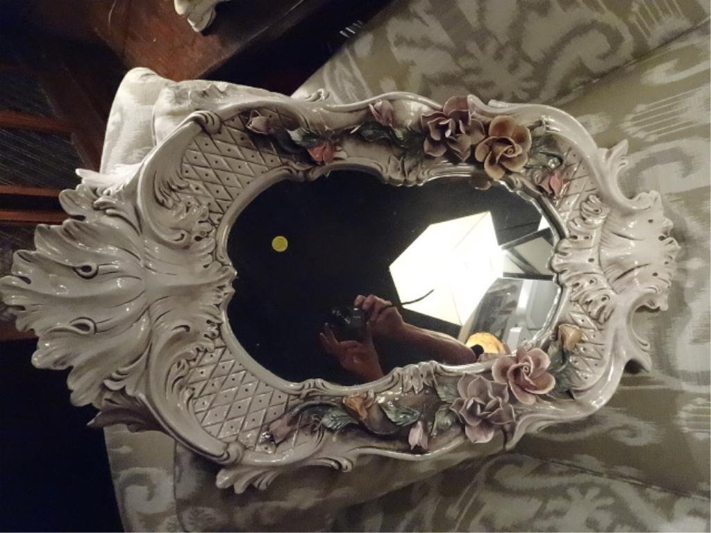 CAPODIMONTE STYLE PORCELAIN MIRROR, WHITE WITH PINK: CAPODIMONTE STYLE PORCELAIN MIRROR, WHITE WITH PINK FLORALS, EXCELLENT CONDITION WITH NO DISCERNABLE CHIPS OR REPAIRS NOTICED, APPROX 25"H