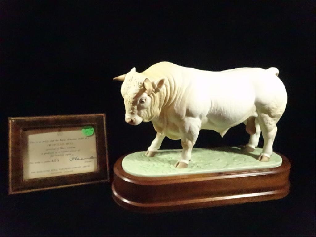 ROYAL WORCESTER MODEL, CHAROLAIS BULL, BY DORIS: ROYAL WORCESTER MODEL, CHAROLAIS BULL, BY DORIS LINDNER, LIMITED EDITION #259 OF 500, WITH CERTIFICATE OF AUTHENTICITY, APPROX 8" X 11.5" ON STAND