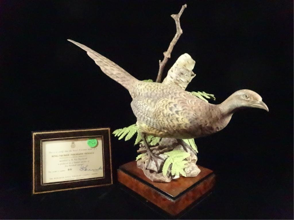ROYAL WORCESTER MODEL, RING-NECKED PHEASANT FEMALE, BY: ROYAL WORCESTER MODEL, RING-NECKED PHEASANT FEMALE, BY R. VAN RUYCKEVELT, LIMITED EDITION #96 OF 500, WITH CERTIFICATE OF AUTHENTICITY, APPROX 13.5" X 12.5" ON STAND, SOME MINOR CHIPS TO TIPS OF LEAVE