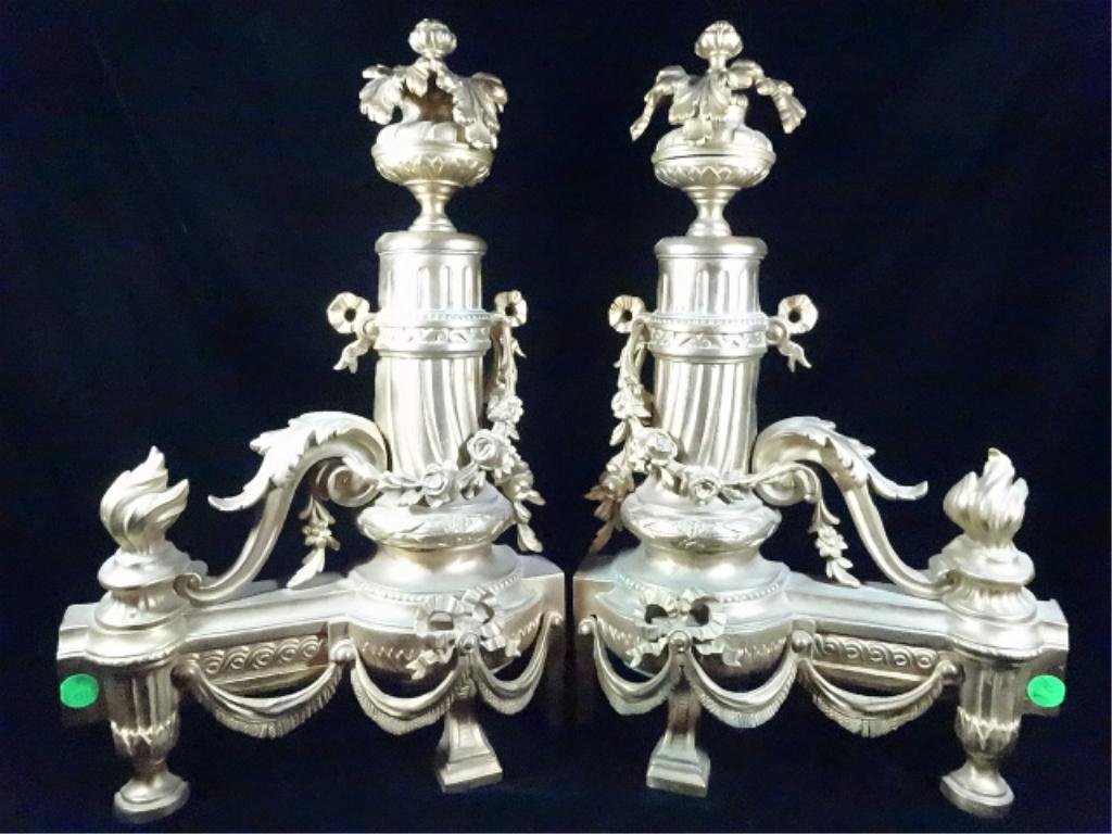 PAIR ORNATE BRASS FIREPLACE ANDIRONS WITH GARLANDS AND: PAIR ORNATE BRASS FIREPLACE ANDIRONS WITH GARLANDS AND DRAPERY SWAGS, 18" X 12", SKU710.6