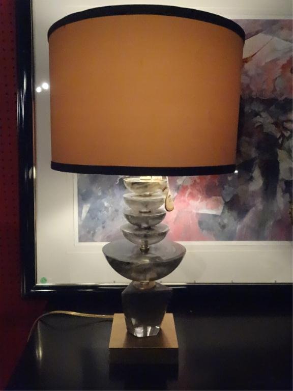 VAN TEAL CONTEMPORARY LAMP, ACRYLIC BASE, DRUM SHADE,: VAN TEAL CONTEMPORARY LAMP, ACRYLIC BASE, DRUM SHADE, LABELED, APPROX 30"H