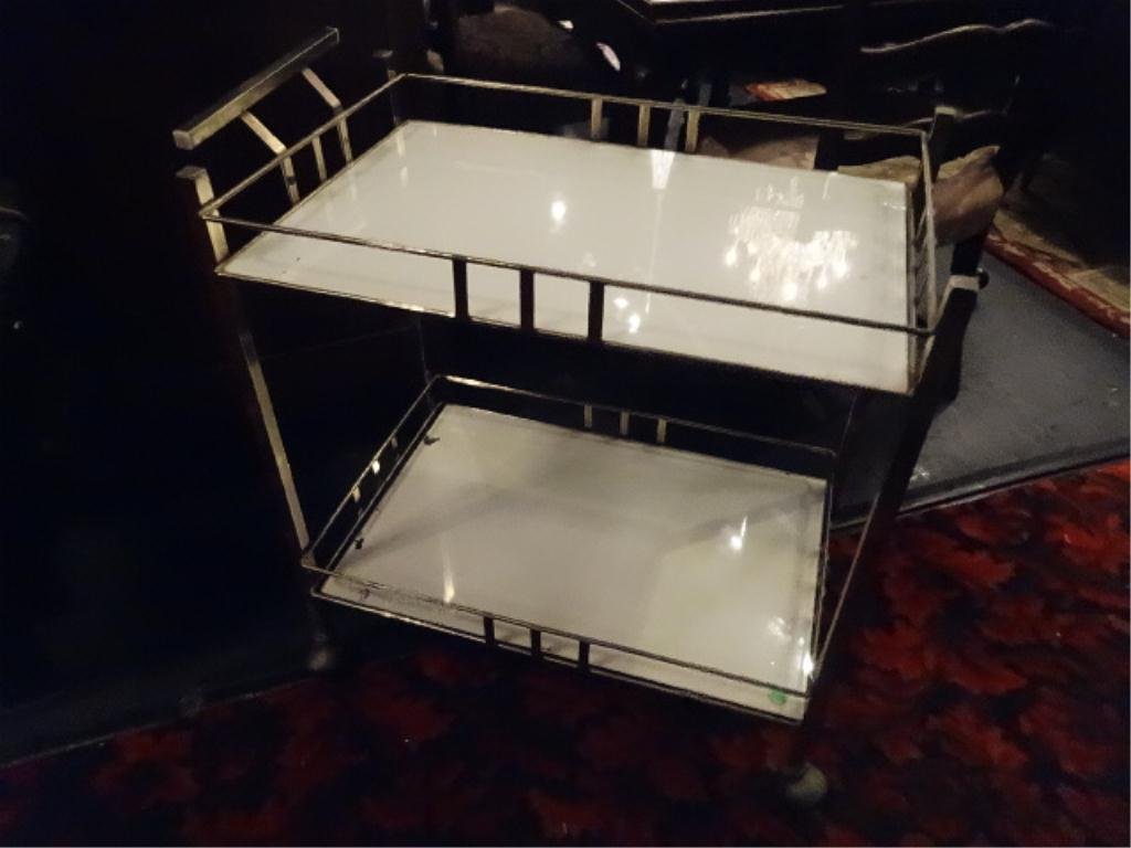 MID CENTURY METAL BAR CART ON CASTERS, 2 TIERS, APPROX: MID CENTURY METAL BAR CART ON CASTERS, 2 TIERS, APPROX 28"W