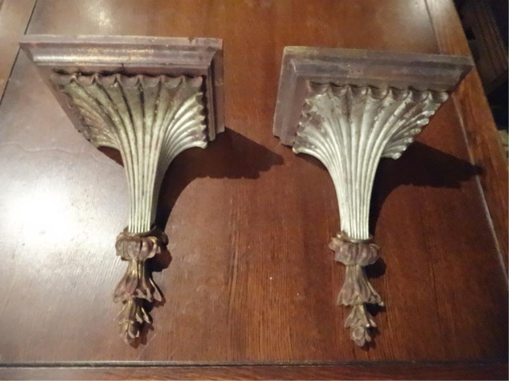 PAIR SILVER GILT WOOD WALL BRACKETS, APPROX 15"H: PAIR SILVER GILT WOOD WALL BRACKETS, APPROX 15"H