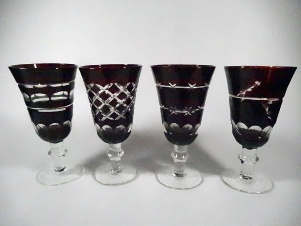4 CRANBERRY CUT TO CLEAR GLASSES, APPROX 5"H: 4 CRANBERRY CUT TO CLEAR GLASSES, APPROX 5"H