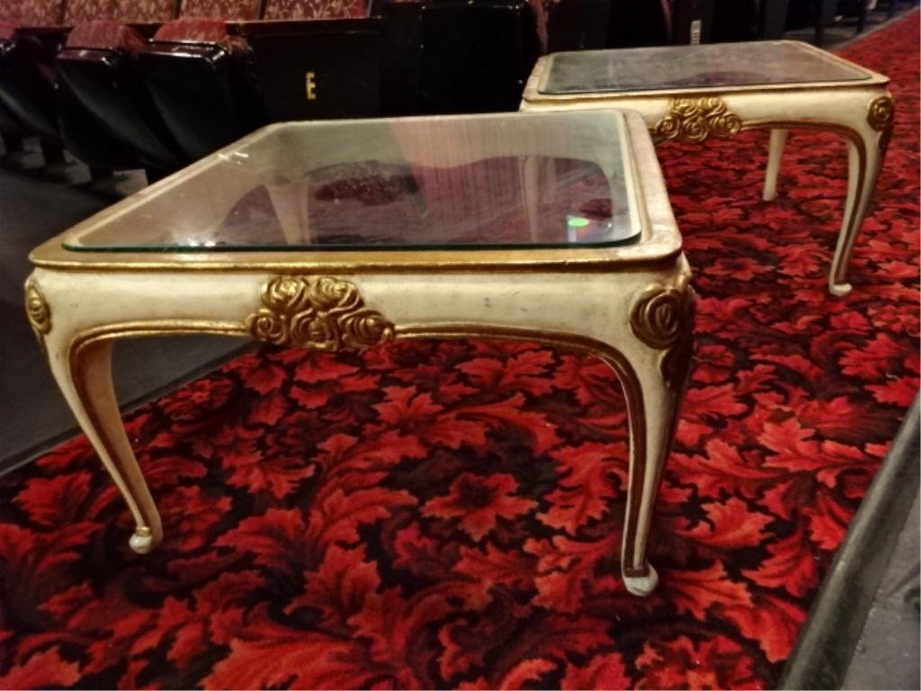 PAIR ORNATE WOOD TABLES, ANTIQUE WHITE FINISH WITH GOLD: PAIR ORNATE WOOD TABLES, ANTIQUE WHITE FINISH WITH GOLD ACCENTS, INSET GLASS TOPS, APPROX 3'W