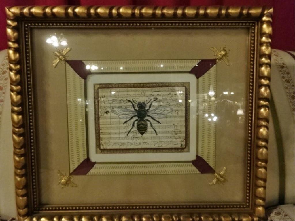 JOHN RICARD FRAMED PRINT, BUMBLE BEE MOTIF ON MUSIC: JOHN RICARD FRAMED PRINT, BUMBLE BEE MOTIF ON MUSIC SHEET, MATTED AND FRAMED IN GOLD FINISH FRAME, APPROX 18"W