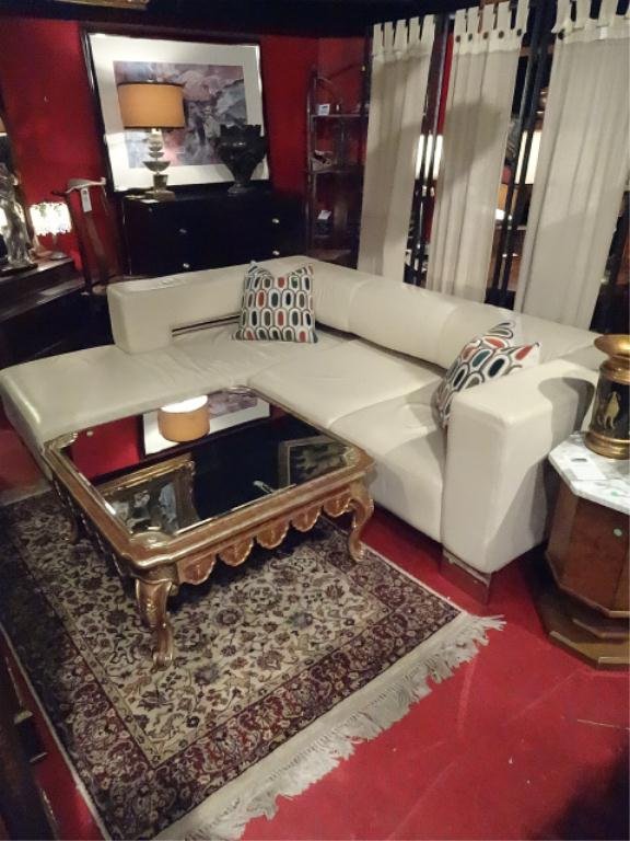 MODERN DESIGN LEATHER SECTIONAL SOFA, 2 PC WITH LEFT: MODERN DESIGN LEATHER SECTIONAL SOFA, 2 PC WITH LEFT HAND CHAISE, SQUARE ARMS, CHROME FEET