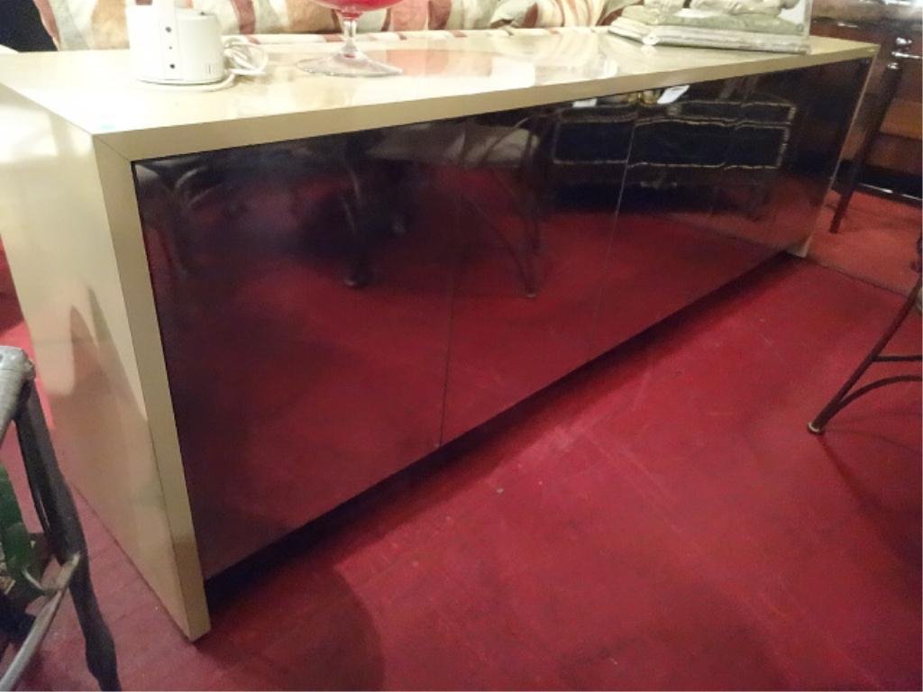 MODERN DESIGN MIRROR AND LAMINATE SIDEBOARD CABINET,: MODERN DESIGN MIRROR AND LAMINATE SIDEBOARD CABINET, THAYER COGGIN STYLE, APPROX 7'W X 30"H X 20"D, SKU5684